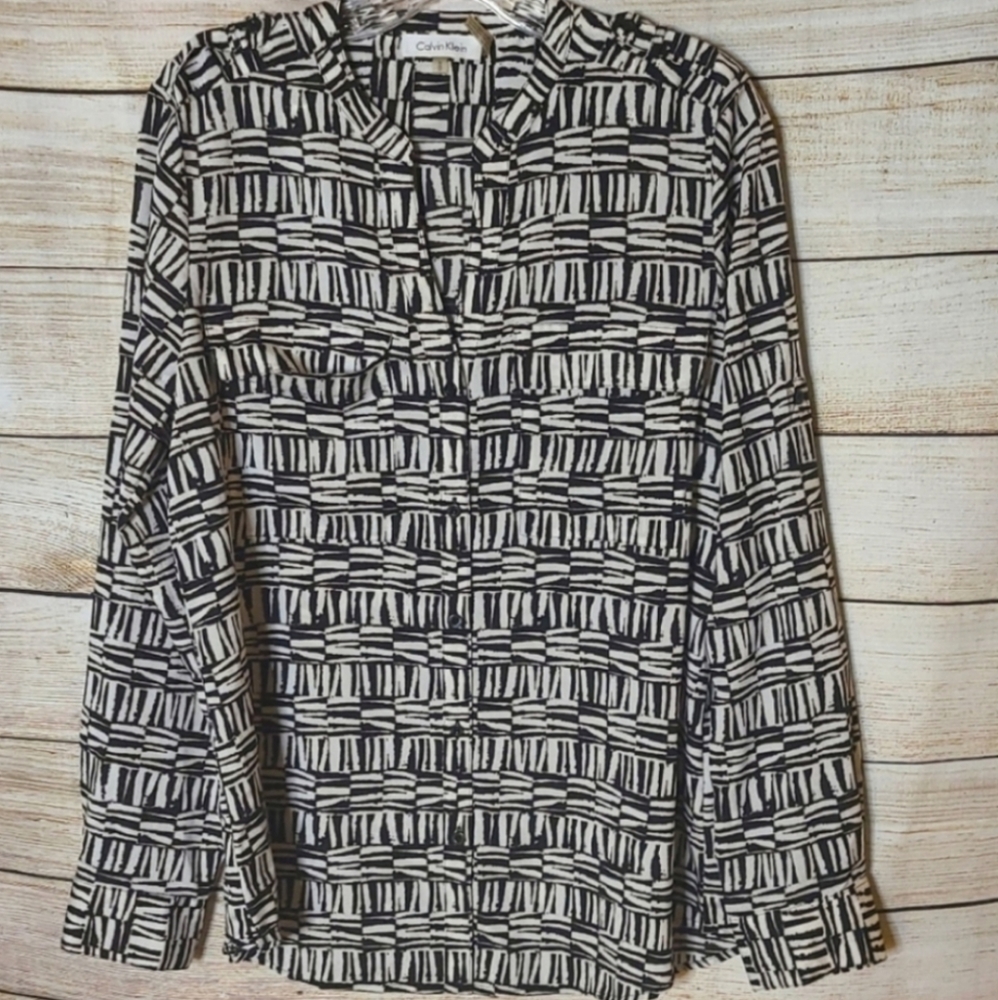 Calvin Klein Black and White Button-Down Blouse, Size Medium